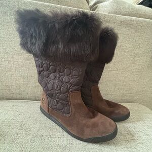 Coach Brown Fur-Trimmed Quilted Boots